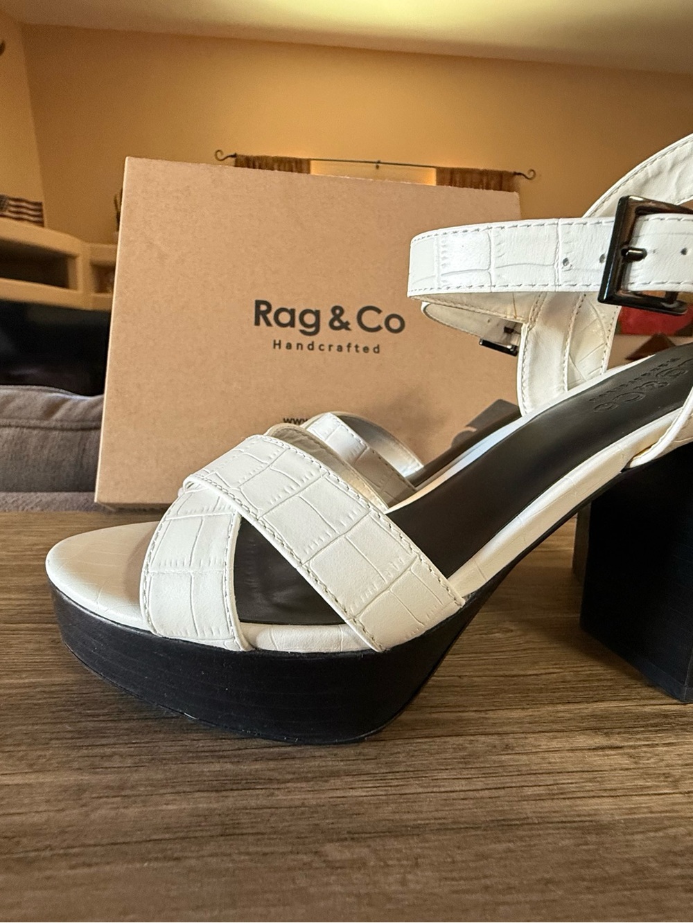 White Croc-Embossed Ankle Strap Sandals - Picture 2 of 4